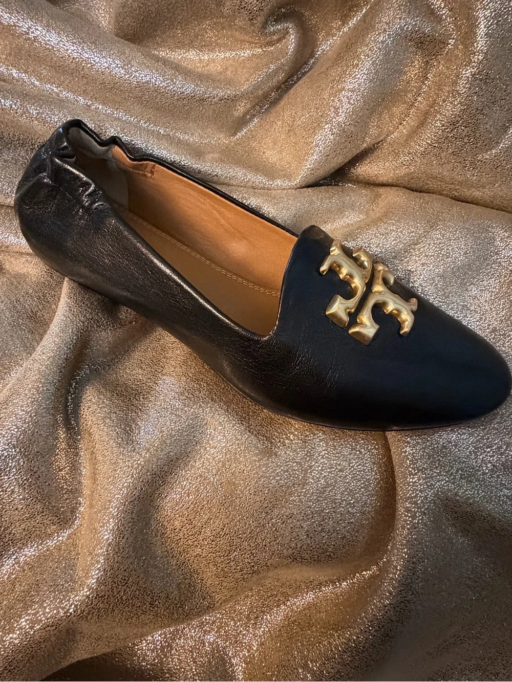 Tory Burch Black Leather Logo Ballet Flats with Gold Emblem